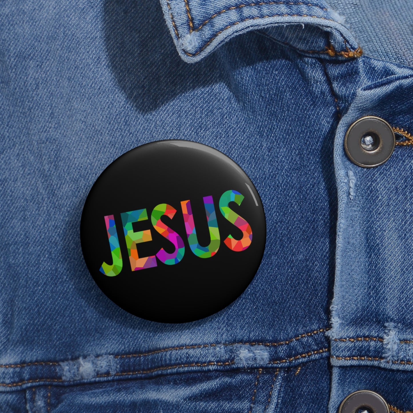 Jesus Button in Pixel Rainbow on Black